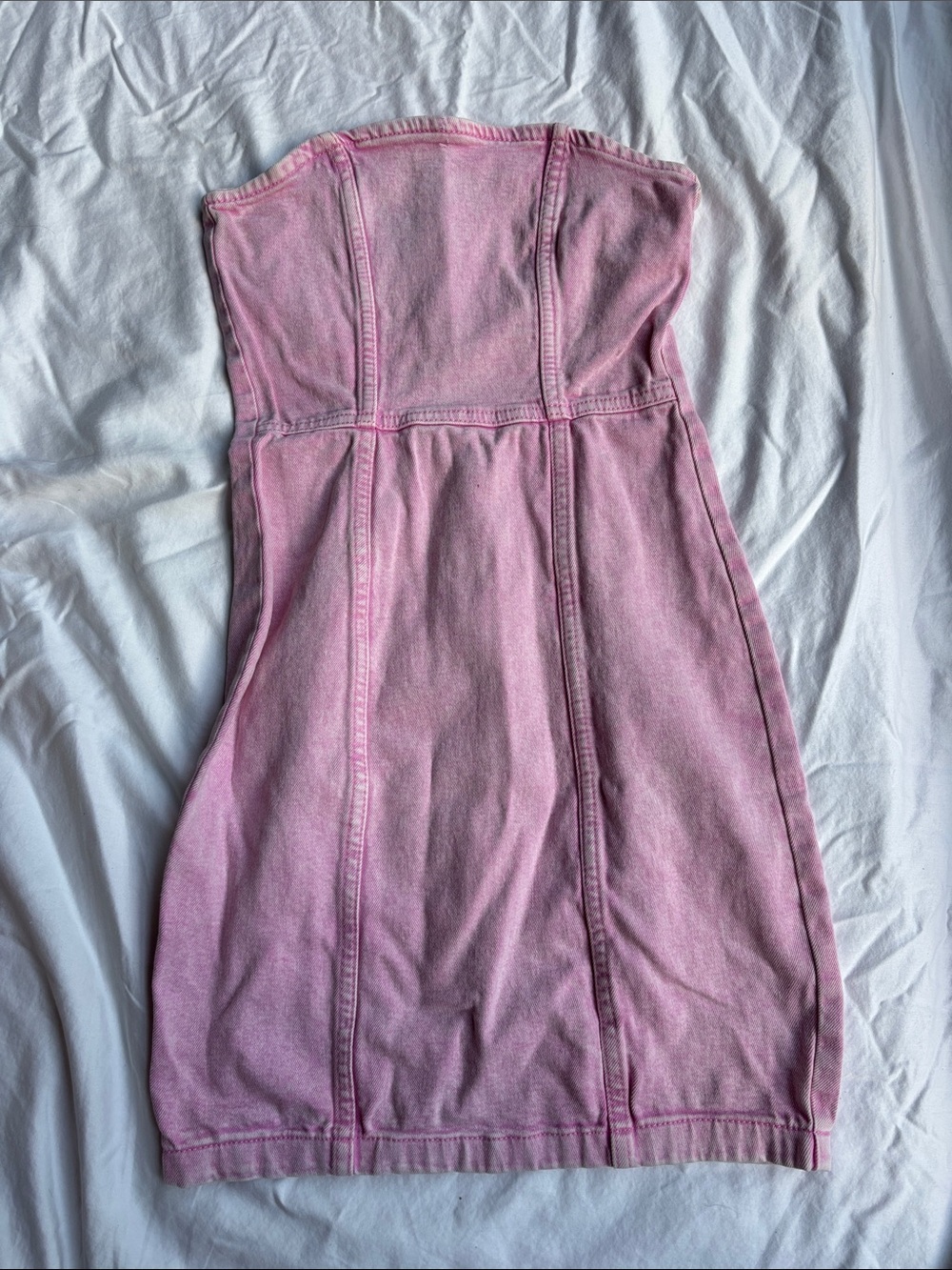 Strapless pink mini denim dress